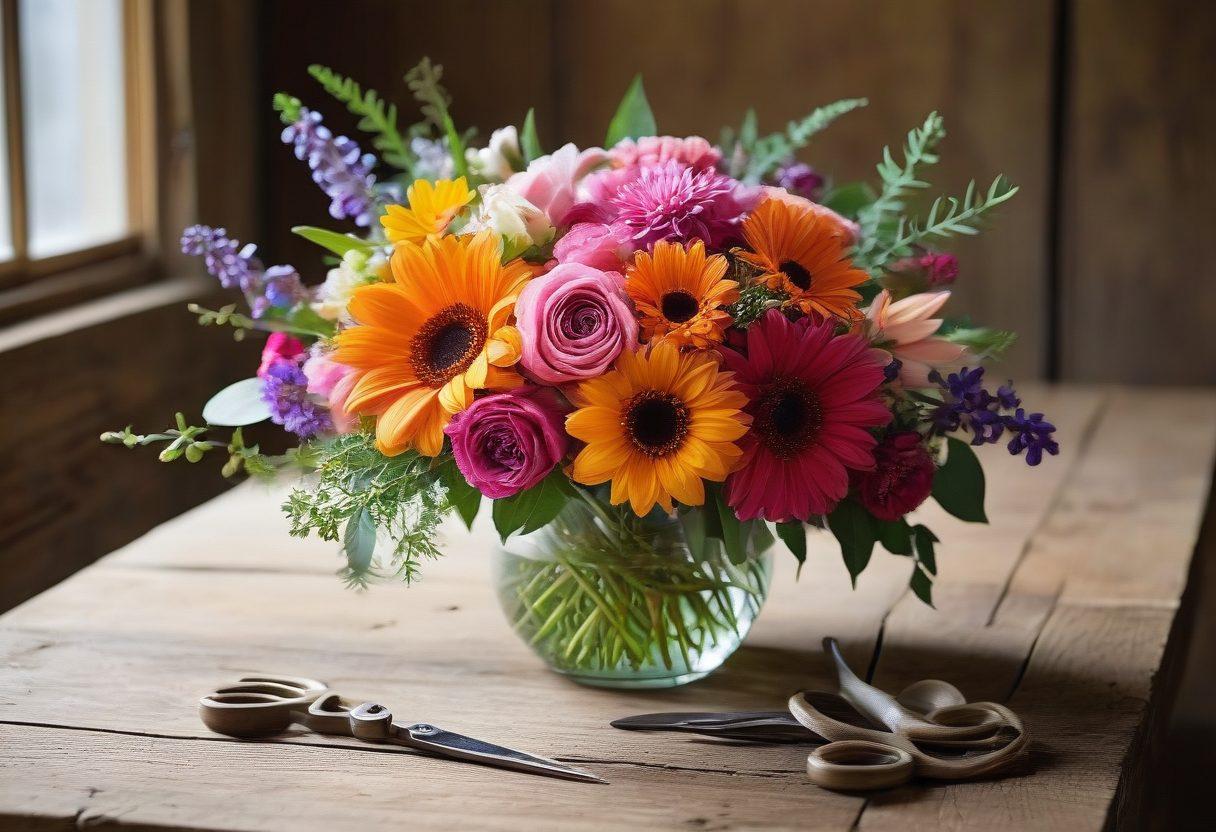 A beautifully arranged bouquet featuring seasonal flowers in vivid colors, showcasing unique textures and shapes, set against a rustic wooden table. Include scattered petals and a few custom floral design tools, like scissors and twine, in the background to enhance the theme of creativity. Soft natural lighting to evoke warmth and inspiration. super-realistic. vibrant colors. soft focus.