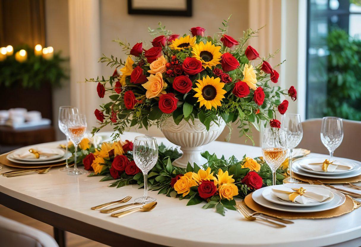 A vibrant floral arrangement featuring a variety of premium flowers like roses, lilies, and sunflowers, cascading over a beautifully set dining table adorned with elegant tableware. Soft, warm lighting creates an inviting atmosphere, with scattered petals and greenery enhancing the scene. In the background, subtle hints of festive decorations suggest a celebration atmosphere. super-realistic. vibrant colors. soft background blur.